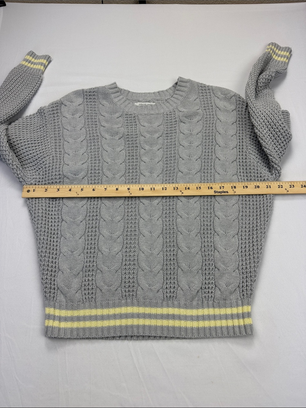American Eagle Outfitters Gray Crewneck Sweater with Yellow Stripe Accents - Picture 3 of 10
